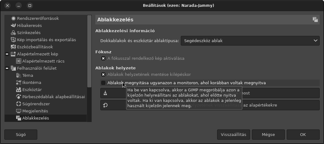 GIMP beállítások - megnyitás ugyanazon a monitoron