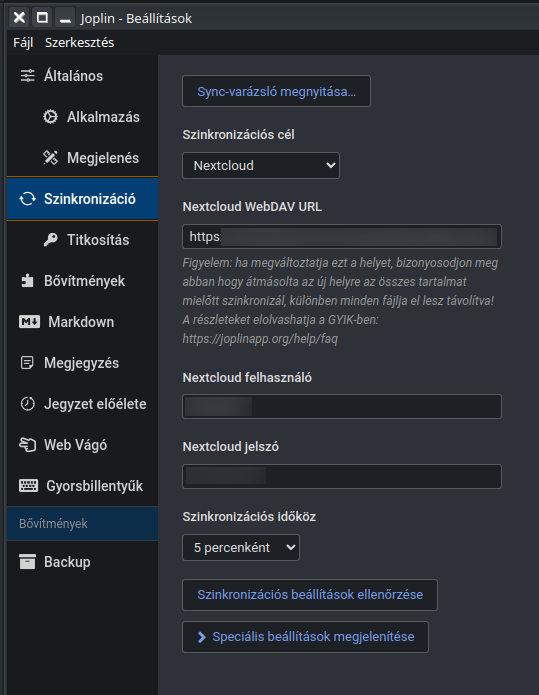 Joplin szinkronizációs beállítások